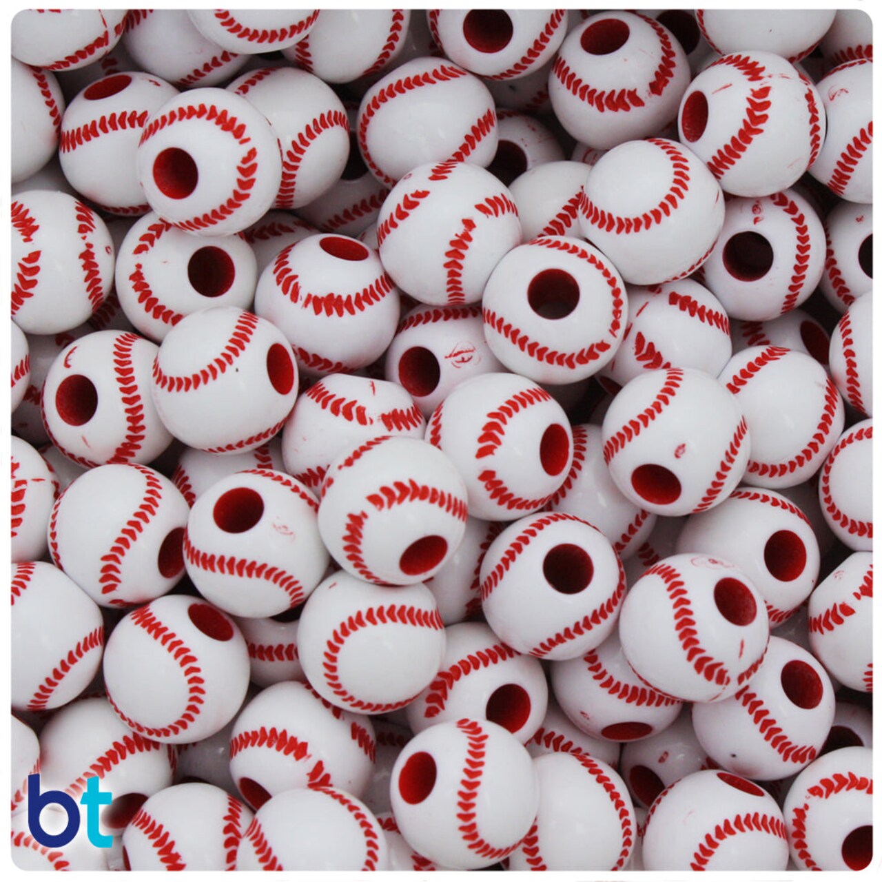 BeadTin White w/Red Opaque 12mm Baseball Plastic Pony Beads (48pcs)